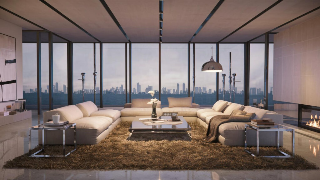 Luxuriöses Wohnzimmer mit Skyline-Blick.