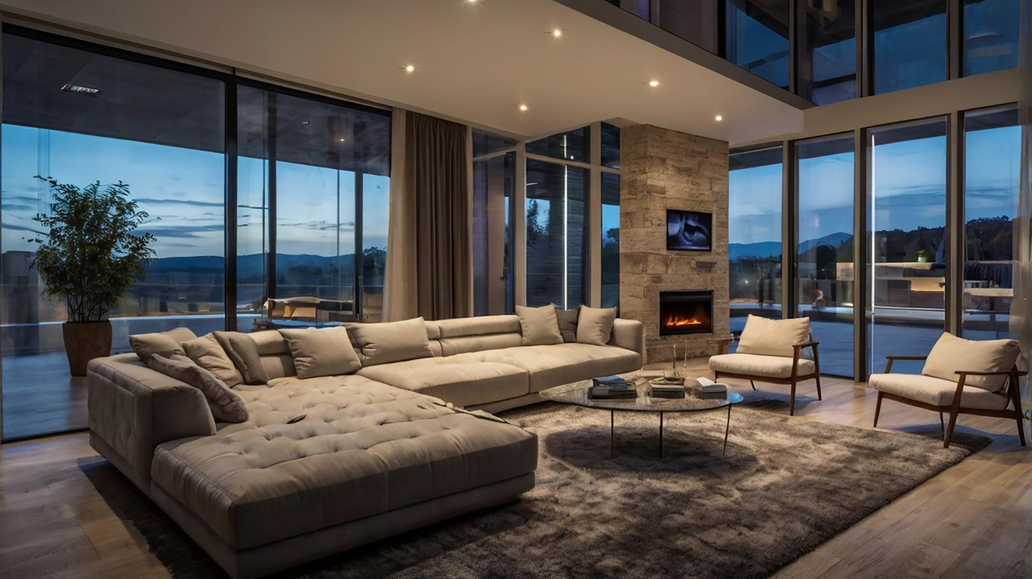 Modernes Wohnzimmer mit nächtlichem Stadtblick.