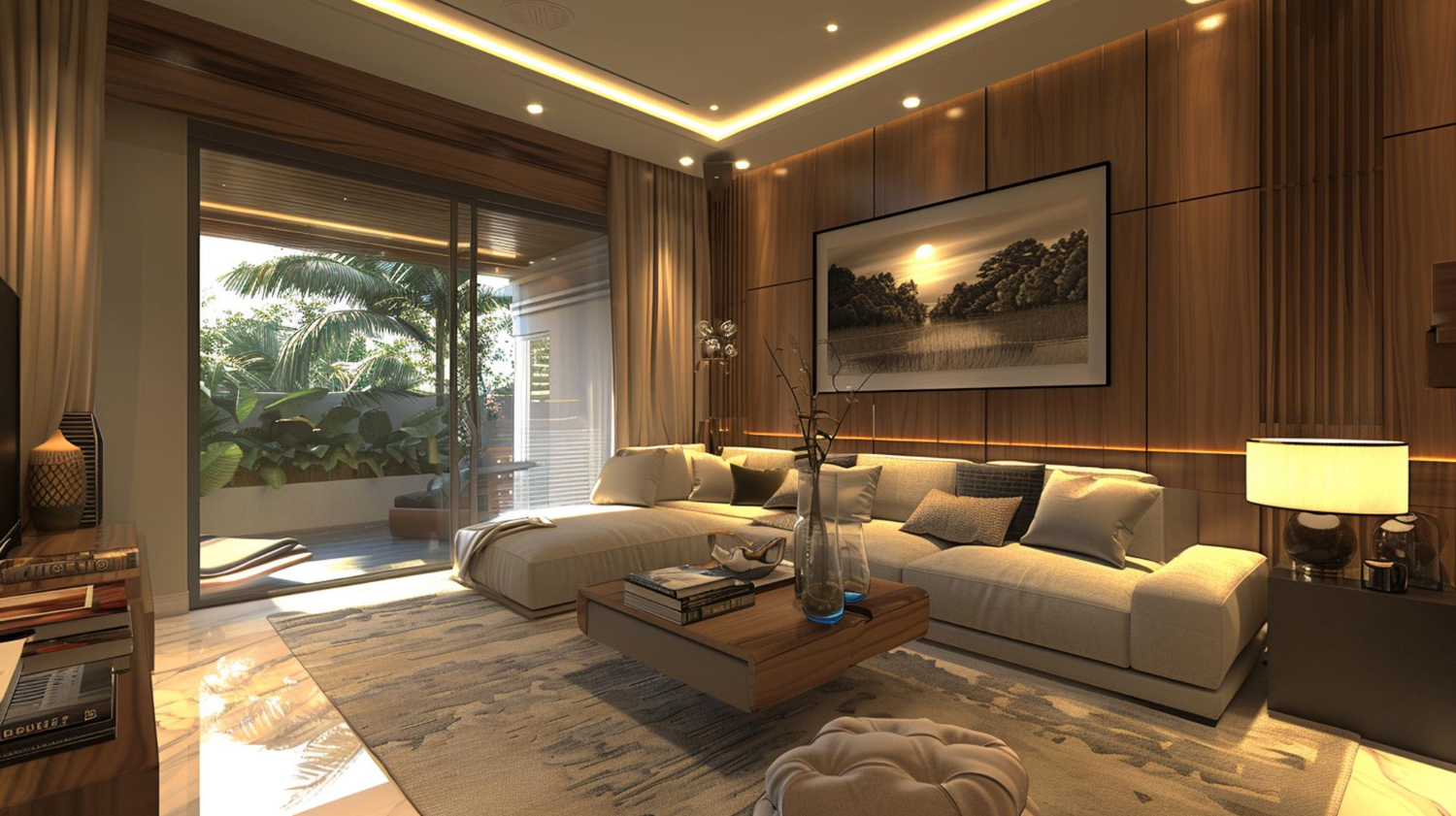 Modernes Wohnzimmer mit Terrasse.