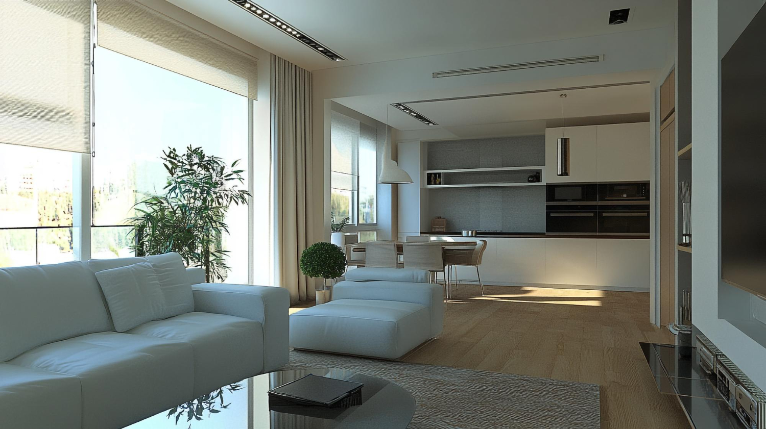 Helles, modernes Wohnzimmer mit Küche.