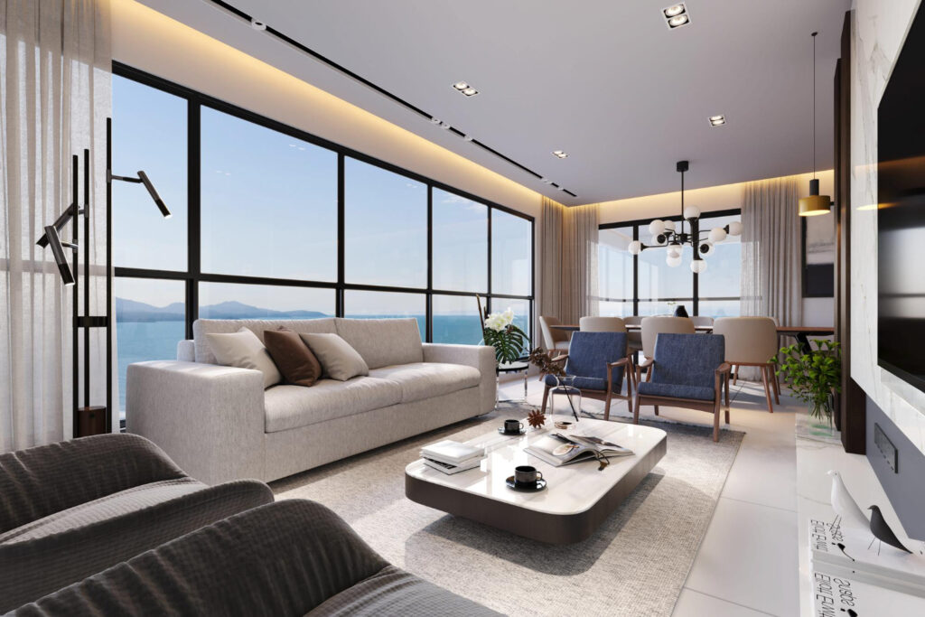 Modernes Wohnzimmer mit Meerblick.