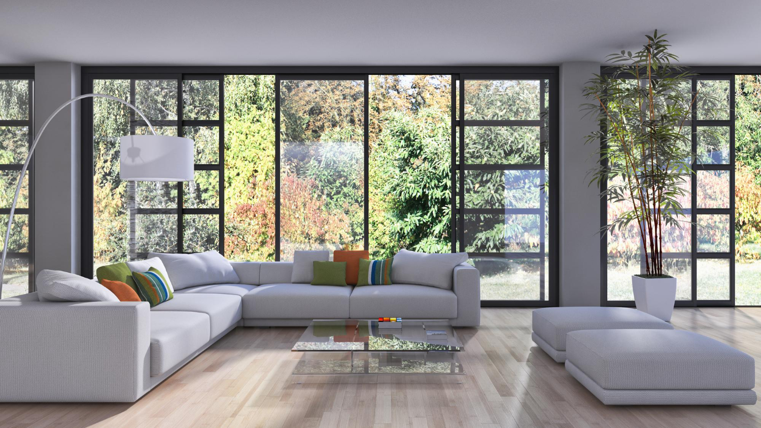 Modernes Wohnzimmer mit Naturblick.