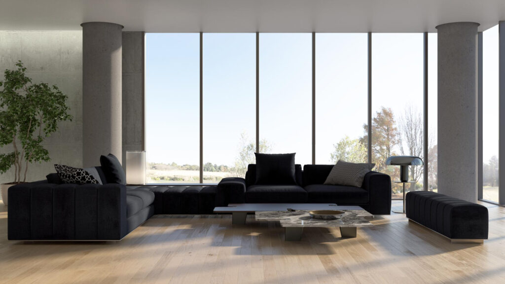 Modernes Wohnzimmer mit Ausblick.