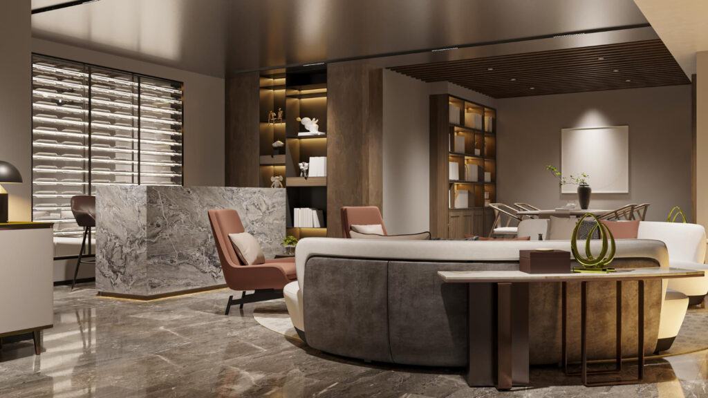 Luxuriöser Loungebereich mit Bücherregalen.